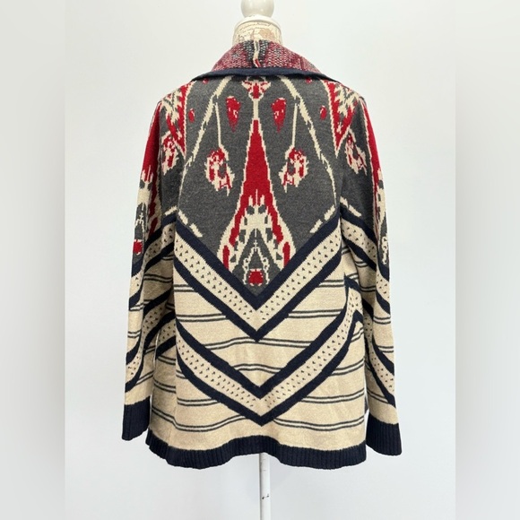 ST. JOHN’S BAY Beige gray red IKAT knit waterfall collar cardigan size L - Picture 6 of 13